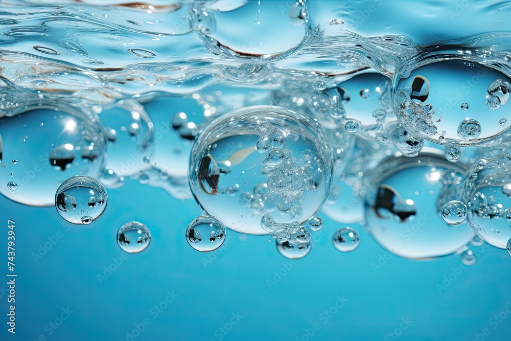 Fototapete A mesmerizing scene unfolds as a group of bubbles gracefully float in the water, creating a delicate and ethereal display of movement and light
