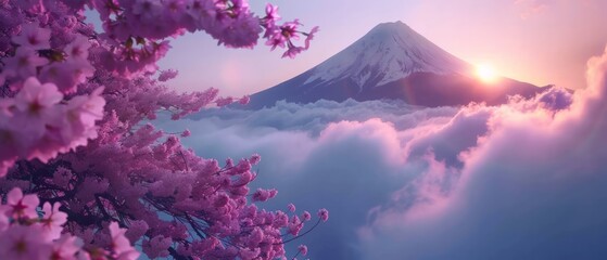 Cherry blossoms adorn Mount Fuji, Japan, like delicate pink clouds