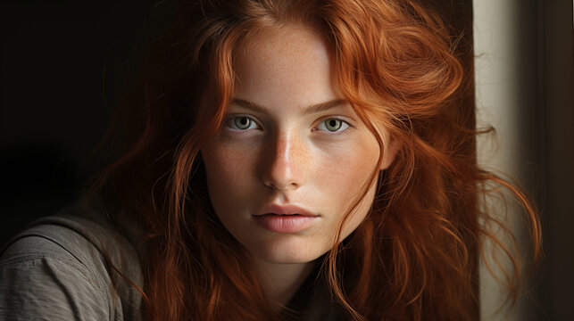 Fashion portrait of red-haired woman model with freckles looking at the camera close-up, natural beauty without makeup
