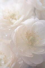 Fototapeta premium Delicate white flowers adorned with shimmering water droplets, exuding a sense of purity and freshness in a tranquil garden setting