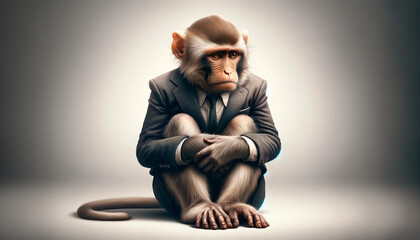 ビジネスで失敗して悩むスーツを着た猿