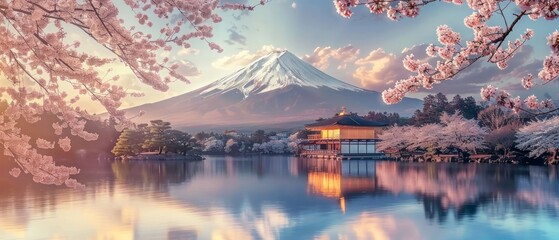 Cherry blossoms adorn Mount Fuji, Japan, like delicate pink clouds