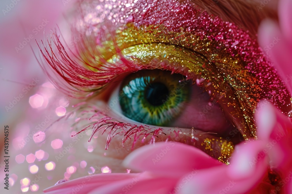 Poster woman eye with shimmering glitter delicately applied to the eyelid, creating a mesmerizing and encha