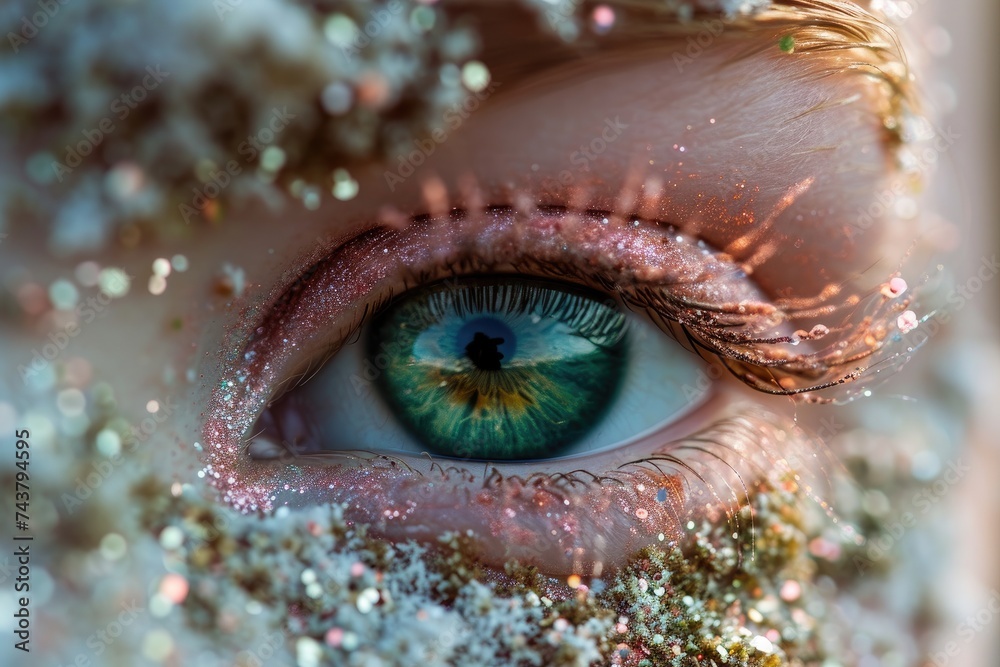 Poster a mesmerizing close-up eye adorned with shimmering glitter, adding a touch of enchantment and glamou