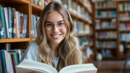Portrait of a young student, schoolgirl reading a book, smiling and looking at the camera. AI generated