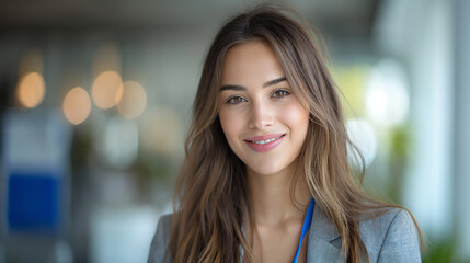 Fototapeta premium Business portrait of smiling young business woman on a business forum for start-up AI generated