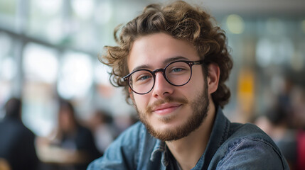 Portrait of a young curly student with glasses smiling and looking at the camera. AI generated