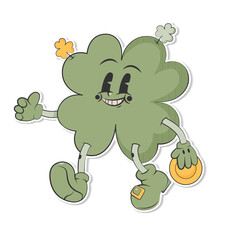 Trendy retro cartoon character clover with four leaf holding coin.Happy Saint Patrick's Day sticker. Groovy style, vintage,70s 60s.Vector illustration EPS10