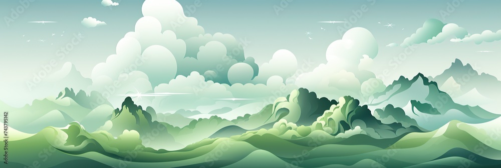 Aufkleber a vibrant painting featuring a majestic mountain range reaching towards a sky filled with fluffy clo