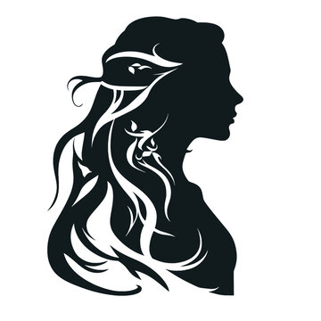 Black silhouette, tattoo of a bust of a girl with long hair on white background. Vector.