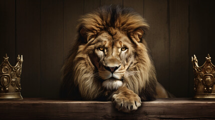 A Lion Wearing A Crown And Sitting On A Wooden - obrazy, fototapety, plakaty