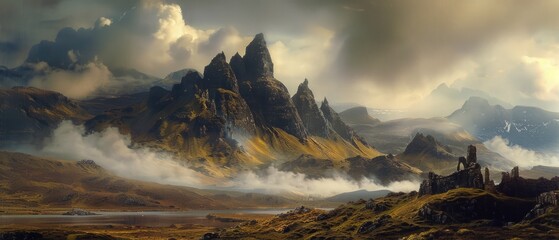 Isle of Skye, Scotland: mist-shrouded moors and jagged peaks - obrazy, fototapety, plakaty