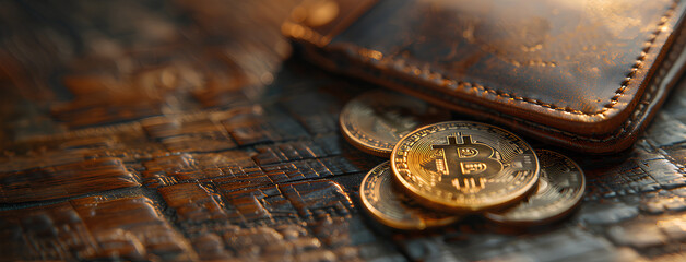wallet and a bitcoin crypto - obrazy, fototapety, plakaty