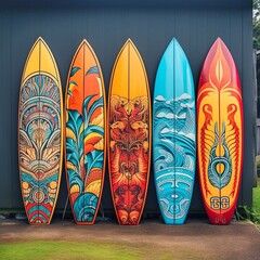 Set of colorful surfboards on a wooden wall in front of a house