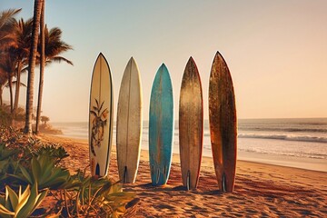 Surfboards on the beach with palm trees and sunset in background