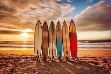 Colorful surfboards stand in a row on the sand at the beach in the morning at sunrise