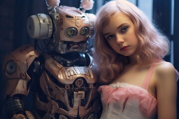 Fototapeta na wymiar Beautiful blonde girl in a pink dress and a robot in a dark room