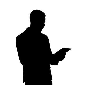 recommend clip art: Black silhouette, tattoo of a man with tablet on white isolated background. Vector.