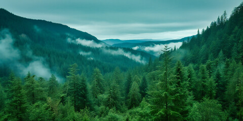 Naklejka premium Fog-Enshrouded Forest Mountains, Offering a Glimpse into the Mysterious Beauty and Tranquil Majesty of Nature