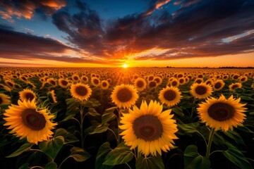 Endless field of sunflowers illuminated by the sun, harvest and agricultural business concept
