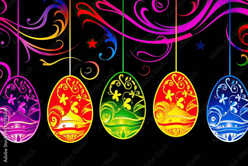 Poster A vibrant group of colorful eggs sway gracefully on strings, creating a whimsical and festive display