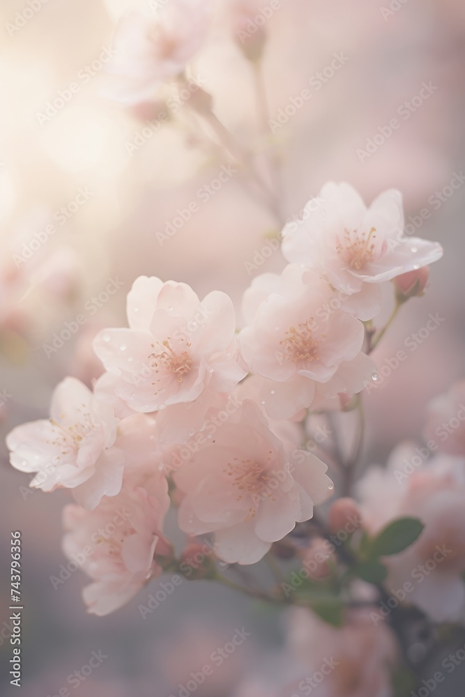 Poster a mesmerizing close-up of a vibrant flower blooming on a tree branch, showcasing delicate petals in 