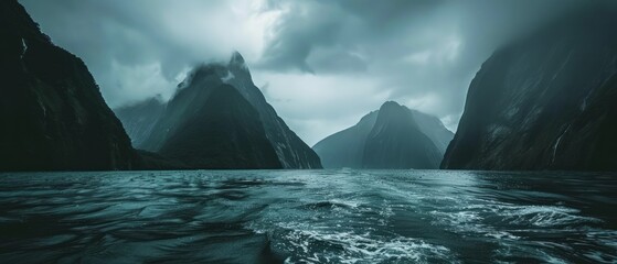 Milford Sound, New Zealand, where mountains kiss the sea under moody skies - obrazy, fototapety, plakaty
