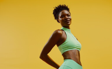 Young woman wearing a fitness suit posing in front of yellow background, African ethnicity, confident woman with her hands on her hips, copy space horizontal photo