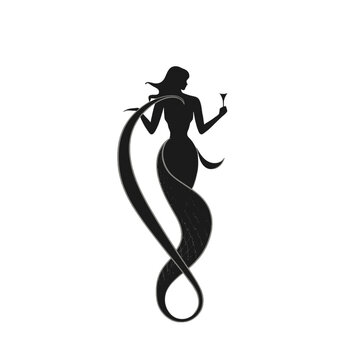 Black silhouette, tattoo of a mermaid on white isolated background. Vector.