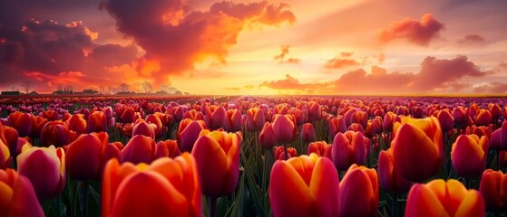Netherlands tulip fields in spring: a riot of color stretching to the horizon - obrazy, fototapety, plakaty