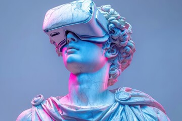 statue adorned with a virtual reality headset, immersing itself in a digital world, symbolizing the fusion of art and technology