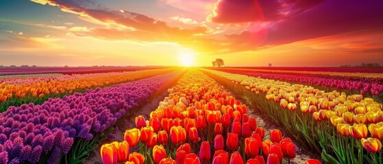 Netherlands tulip fields in spring: a riot of color stretching to the horizon - obrazy, fototapety, plakaty