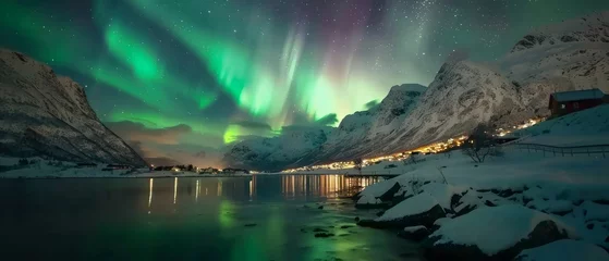 Selbstklebende Fototapete Nordlichter Northern Lights illuminate the Norwegian fjords, a celestial ballet