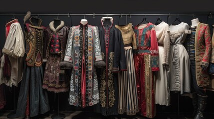 "Assorted traditional and historical costumes on mannequins. Fashion history and cultural attire concept. Design for costume exhibition, theatrical wardrobe, educational material"