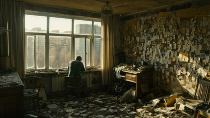 Mentally ill man in his empty destroyed apartment, walls are covered with sticky notes - obrazy, fototapety, plakaty