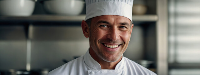 Portrait of a white male cook in the kitchen.