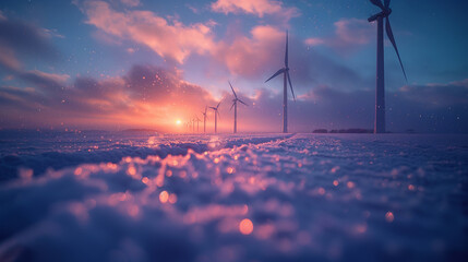 Wind power plants on a snow-covered field with snowdrifts at the base against the backdrop of dawn. Bokeh effect. AI generative - obrazy, fototapety, plakaty