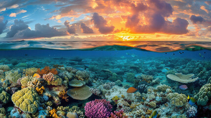 Beautiful reef and nice sunset, clear tropical sea