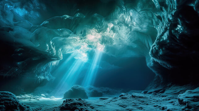 Ice cave in cold sea, illuminated with sun rays