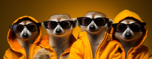 racoons wearing sunglasses and hoodies - obrazy, fototapety, plakaty