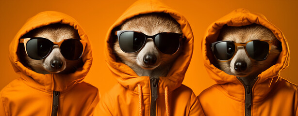 racoons with hoodies and sunglasses - obrazy, fototapety, plakaty