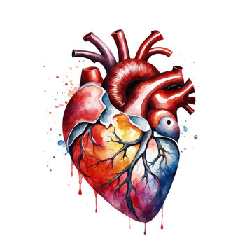 Watercolor illustration of human heart, watercolor splash art