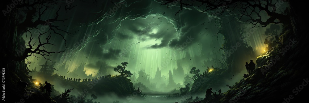 Aufkleber A mesmerizing painting showcasing a dense forest filled with an abundance of towering trees, creating a breathtaking and lush canopy overhead