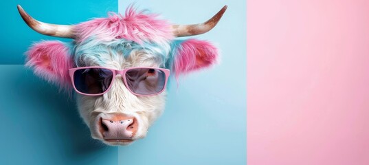 Cheerful cow sporting trendy sunglasses posing in front of a serene pastel color studio background