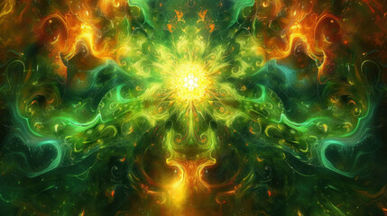Vibrant abstract fractal design with explosive colors in green and orange, resembling a fiery cosmic event - obrazy, fototapety, plakaty