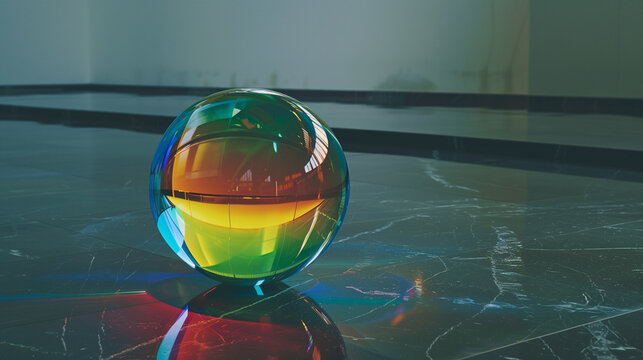 beautiful concept art wallpaper, colorful glass sphere on reflective background, desktop wallpaper