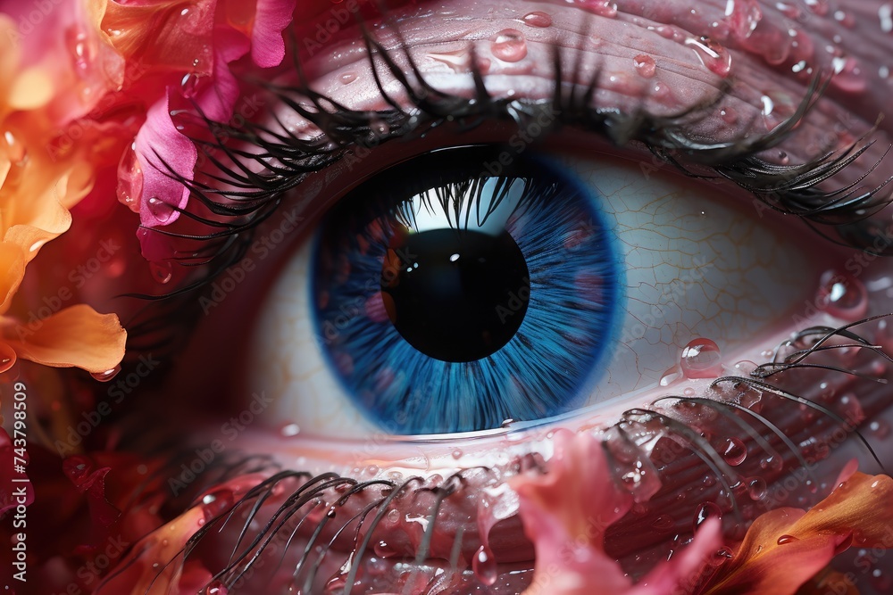 Aufkleber a striking close-up of a mesmerizing blue eye, framed by delicate and colorful flowers in full bloom