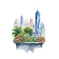 Rood top garden oasis with city scape, watercolor clip art of rooftop garden with city scene