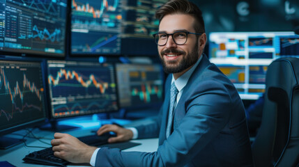 Fototapeta premium A trader actively monitors and analyzes financial markets on multiple screens