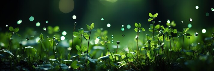 field of lush green grass dotted with glistening dew drops, reflecting the sunlight like tiny jewels - obrazy, fototapety, plakaty